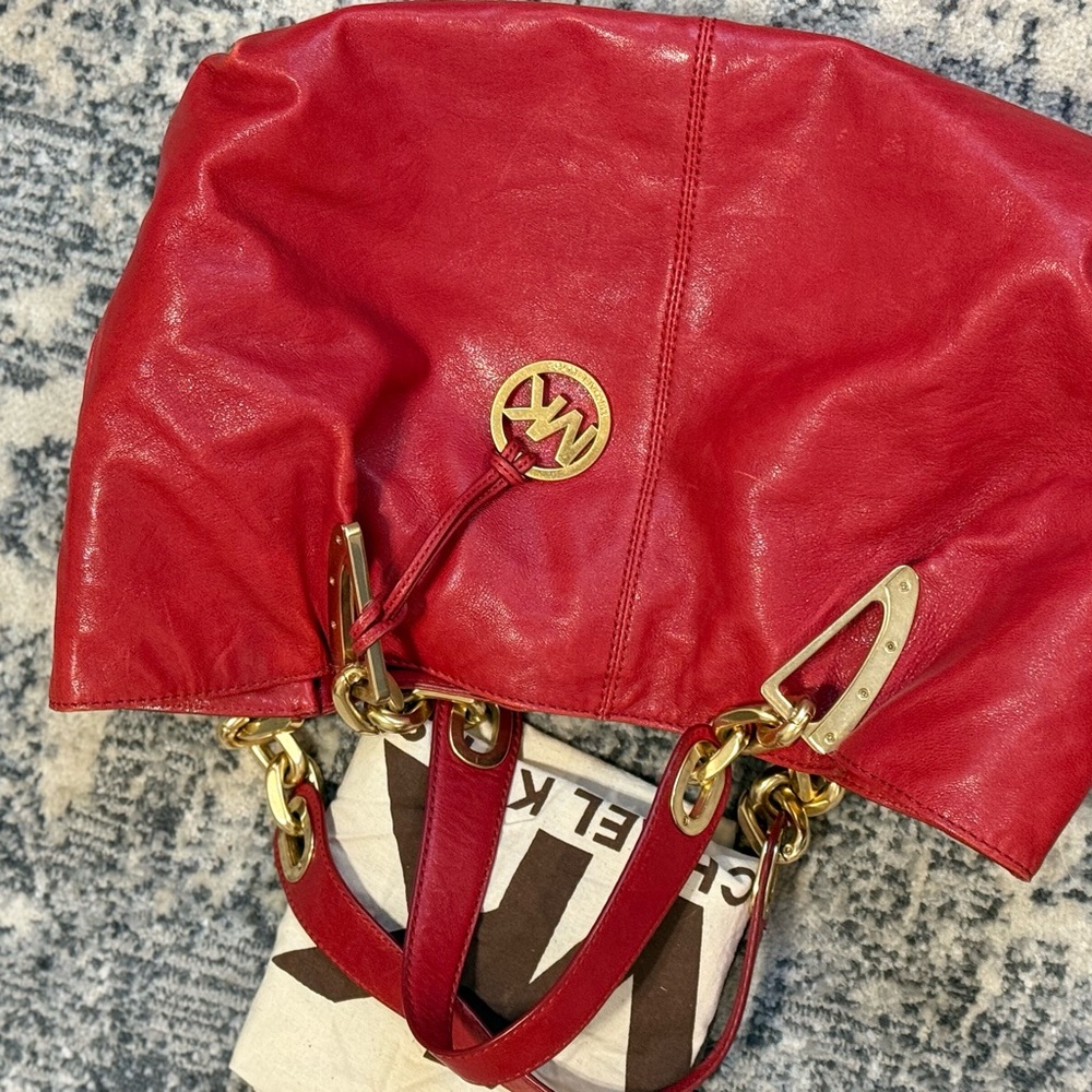 Michael Kors Red Shoulder Bag with Gold Accents